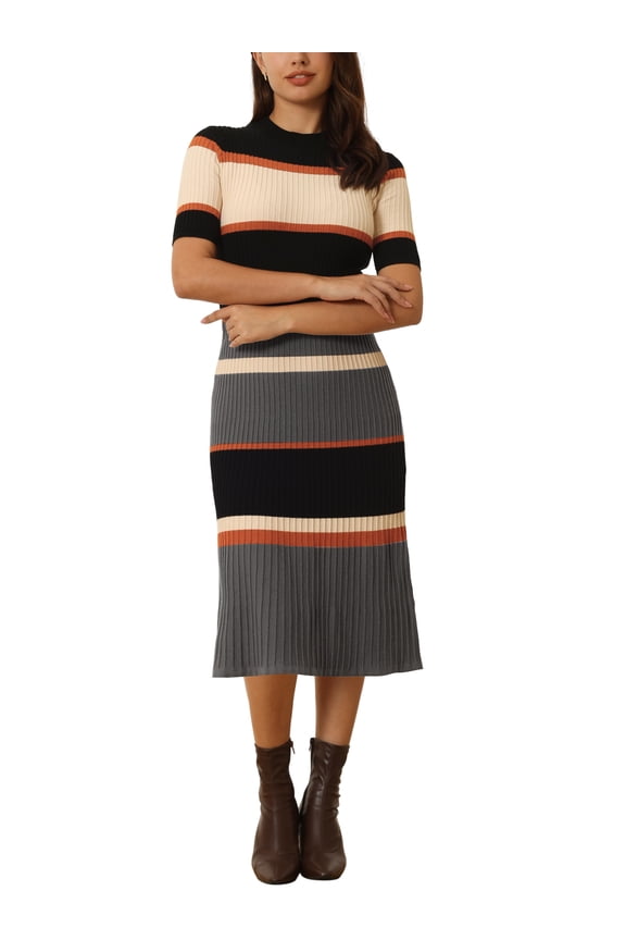 Juniors Striped Midi Dress Short Sleeve Basic Knitted A-Line Dress