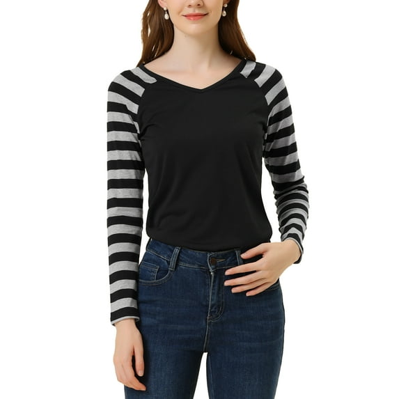 MODA NOVA Juniors Striped Raglan Long Sleeve V Neck T-Shirt Black M