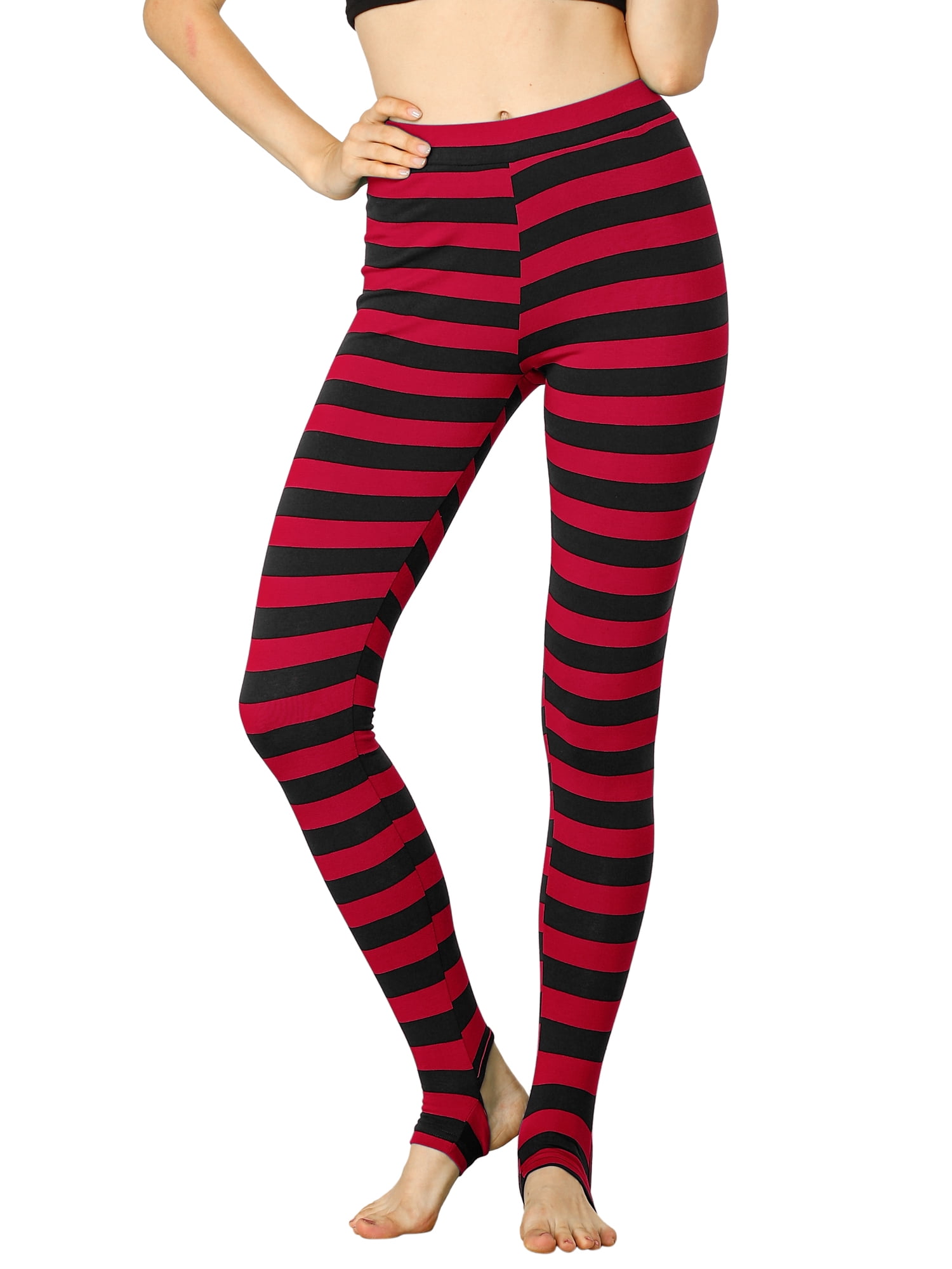 MODA NOVA Juniors Stripes High Waist Elastic Waistband Stirrup Leggings Red  Black-Stripe M 