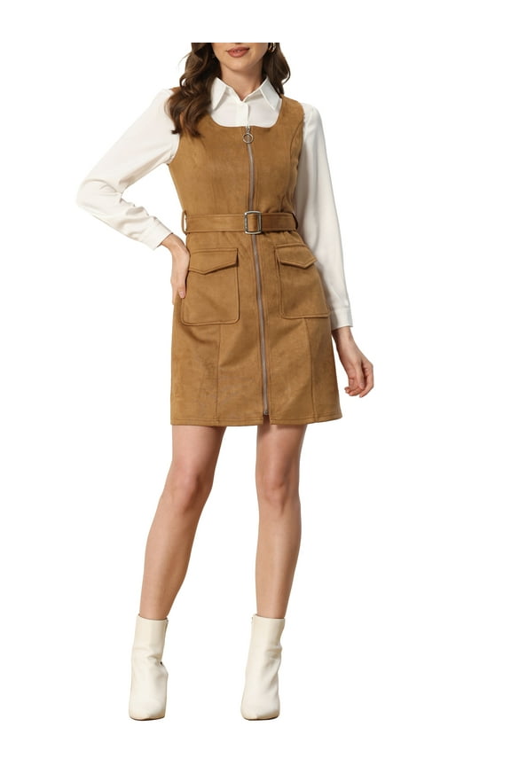 Juniors Suede Dress Round Neck Zip Up Belt Waist Overdress