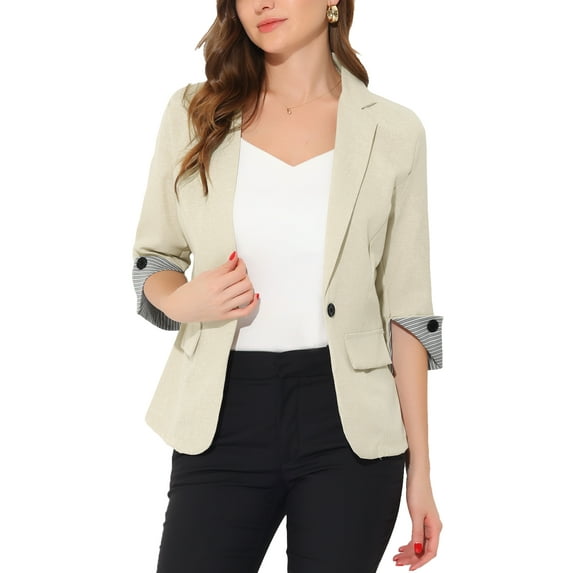 MODA NOVA Juniors Suit Jacket Notched Lapel Collar 3/4 Sleeve Work Blazer Beige S