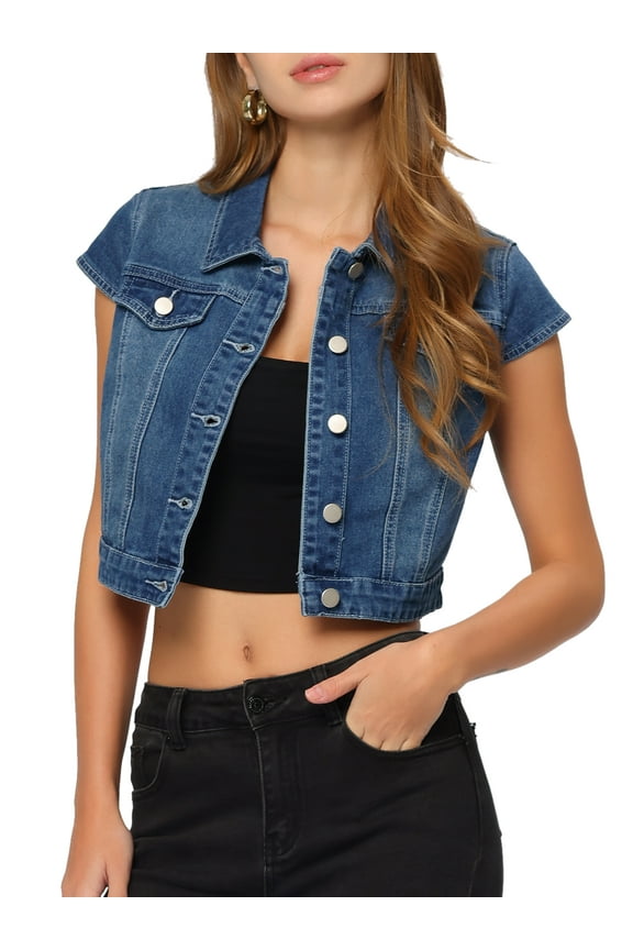 Juniors' Summer Denim Jacket Button Down Short Sleeve Cropped Jean Jacket