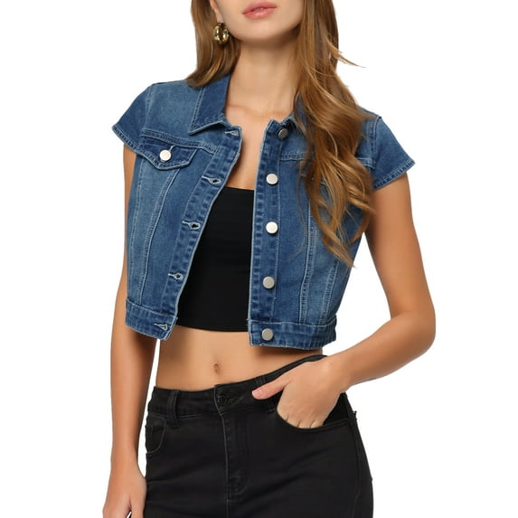 MODA NOVA Juniors Summer Denim Jacket Button Down Short Sleeve Cropped Jean Jackets Blue S
