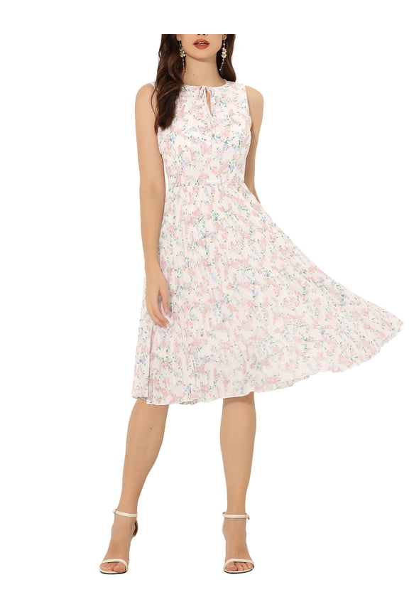 Juniors Summer Floral Print A-Line Knee Length Sleeveless Pleated Midi Dress