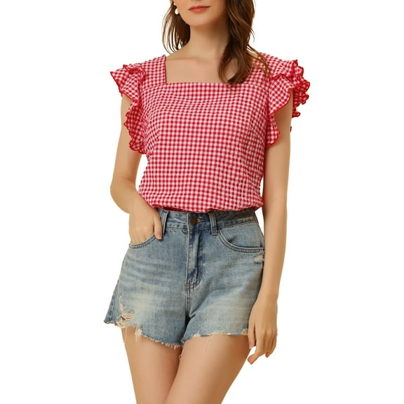 MODA NOVA Juniors' Summer Gingham Tops for Square Neck Ruffle Cap Sleeve Blouse