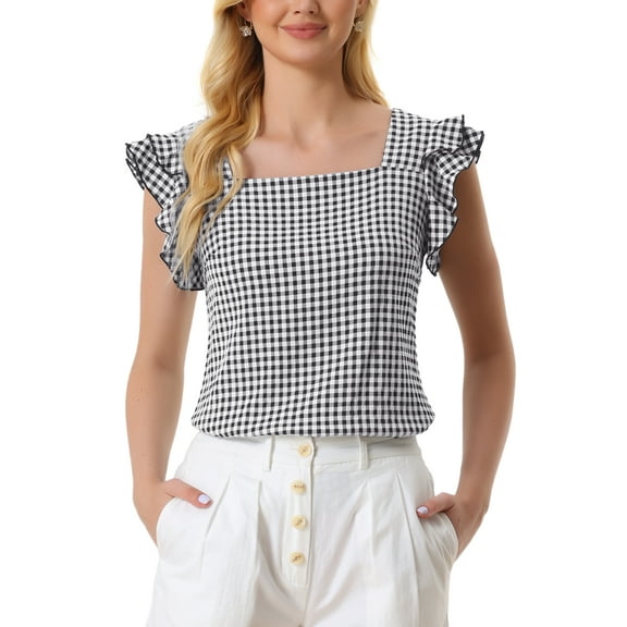 MODA NOVA Juniors' Summer Gingham Tops for Square Neck Ruffle Cap Sleeve Blouse