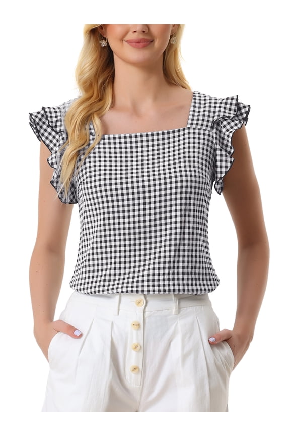 Juniors' Summer Gingham Tops for Square Neck Ruffle Cap Sleeve Blouse