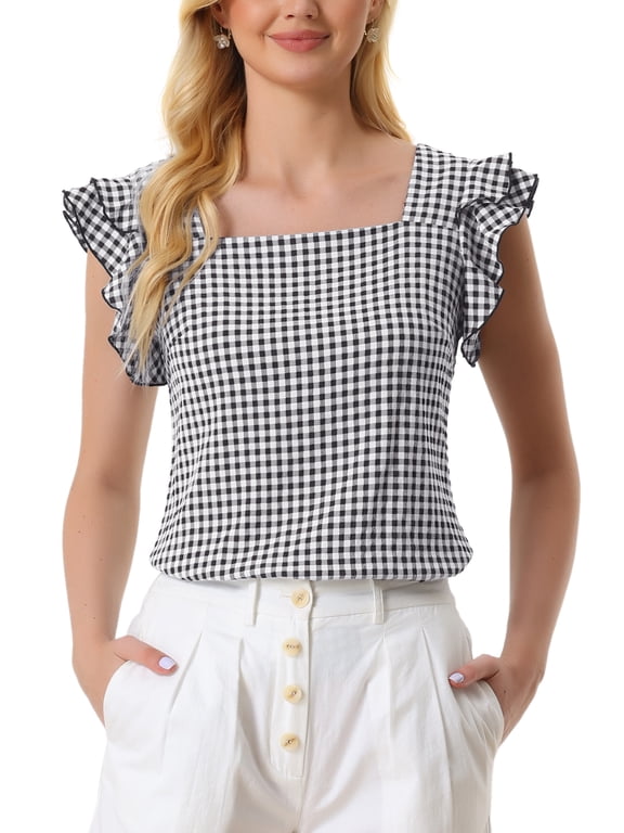 Juniors' Summer Gingham Tops for Square Neck Ruffle Cap Sleeve Blouse