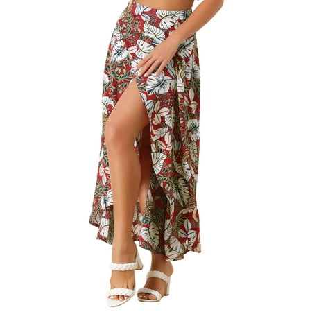 INSPIRE CHIC Women's Summer High Waist Asymmetrical Tropical Maxi Skirt Red M