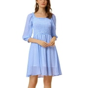 MODA NOVA Juniors Summer Plaid Ruffle Square Neck 3/4 Sleeve A-Line Dress