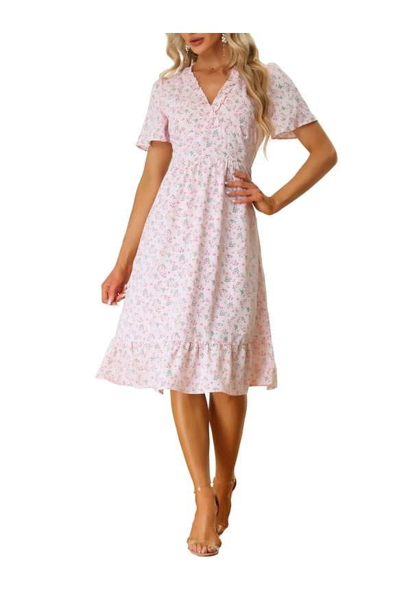 Juniors Summer Ruffle Hem V Neck Flared Short Sleeve Floral Midi Dress