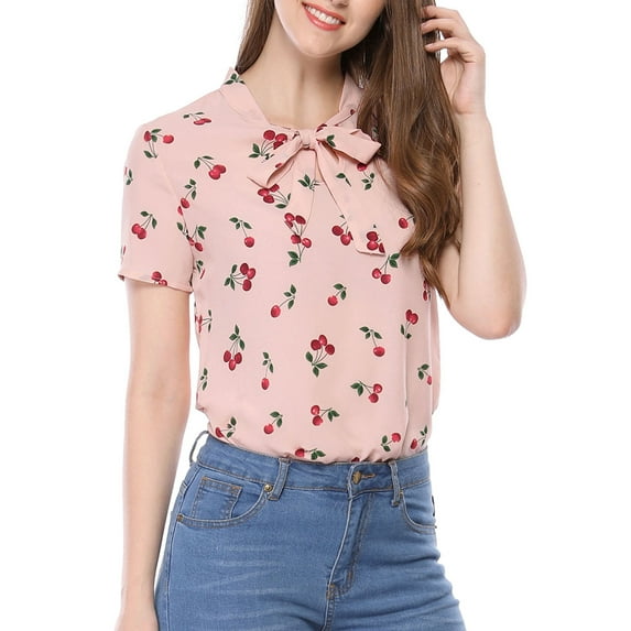 MODA NOVA Juniors Summer Top Tie Bow Neck Short Sleeve Floral Print Blouse Pink XL