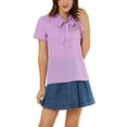 thumbnail image 1 of MODA NOVA Juniors Summer Top Tie Bow Neck Short Sleeve Floral Print Blouse Purple-Heart XS, 1 of 7