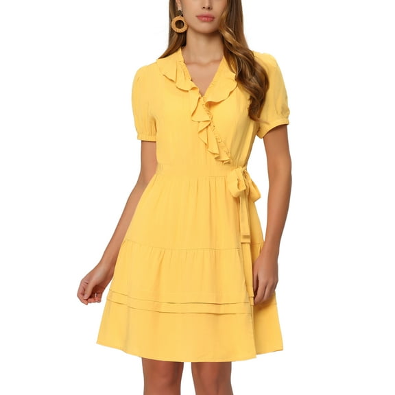 MODA NOVA Juniors Summer Wrap Ruffle V Neck Short Sleeve Mini Dress with Belt