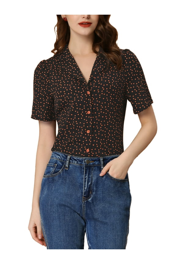 Juniors Sweet Heart Polka Dots Blouse Short Sleeve Casual Button Down Shirts Black XS