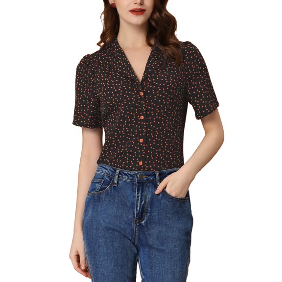 MODA NOVA Juniors Sweet Heart Polka Dots Blouse Short Sleeve Casual Button Down Shirts Black XS
