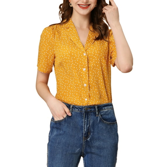 MODA NOVA Juniors Sweet Heart Polka Dots Blouse Short Sleeve Casual Button Down Shirts Yellow XS