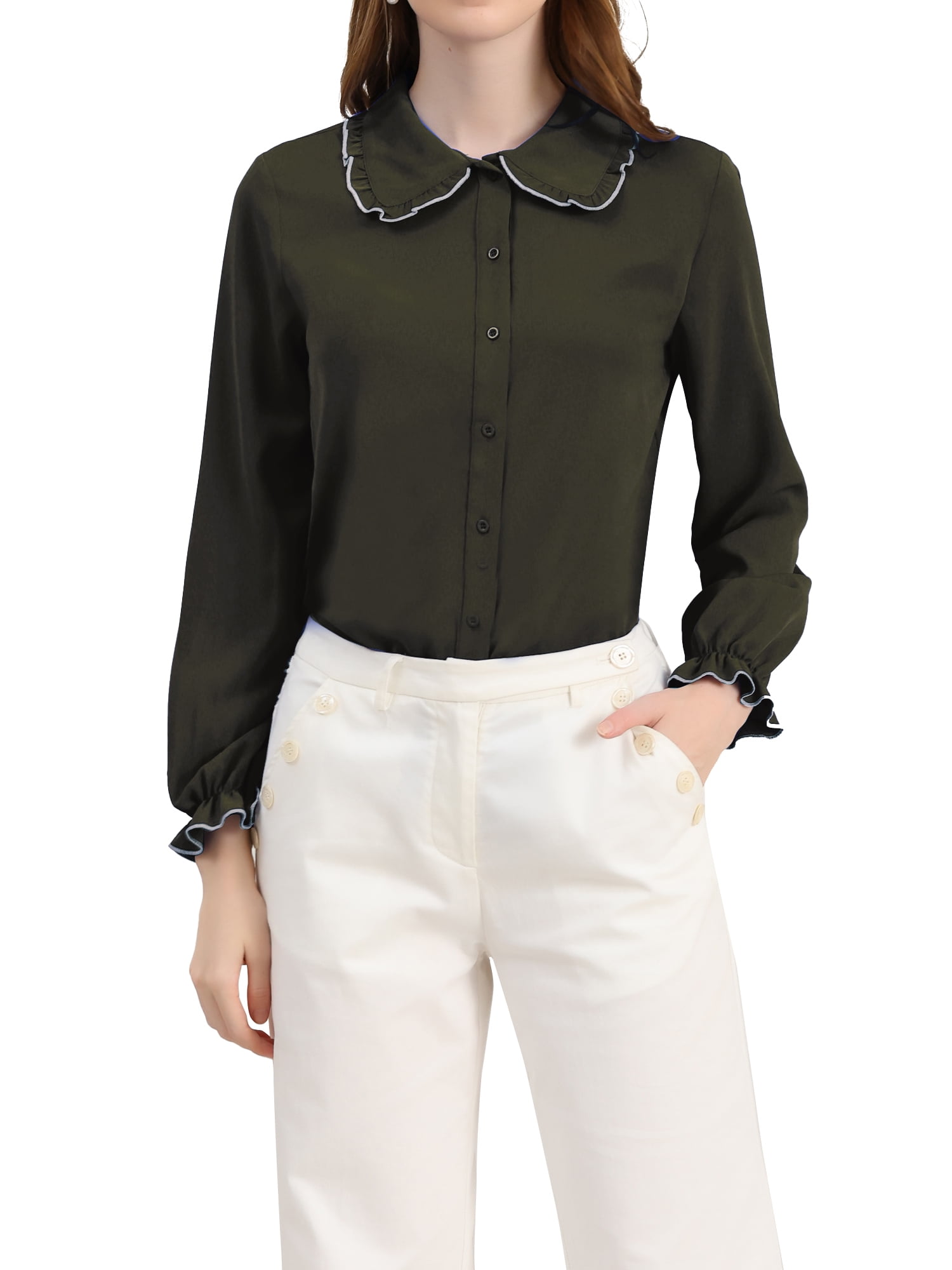 MODA NOVA Juniors Sweet Ruffle Peter Pan Collar Button up Work Shirts
