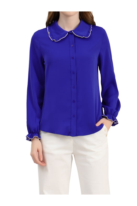 Juniors Sweet Ruffle Peter Pan Collar Button up Work Shirts Blue S