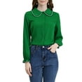 thumbnail image 1 of MODA NOVA Juniors Sweet Ruffle Peter Pan Collar Button up Work Shirts Dark Green M, 1 of 7