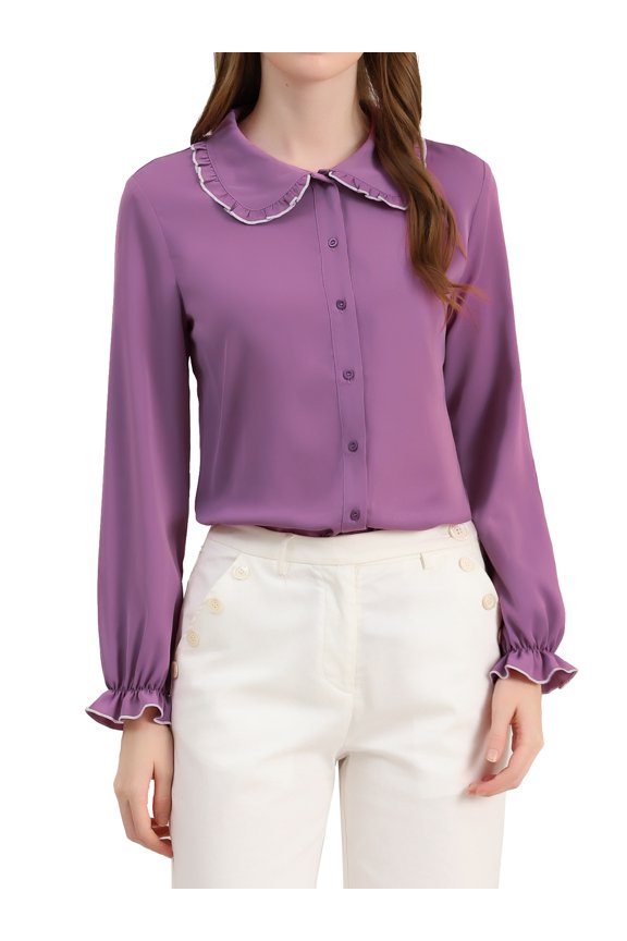 Juniors Sweet Ruffle Peter Pan Collar Button up Work Shirts Light Purple XL