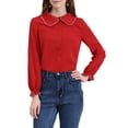 thumbnail image 1 of MODA NOVA Juniors Sweet Ruffle Peter Pan Collar Button up Work Shirts Red S, 1 of 7