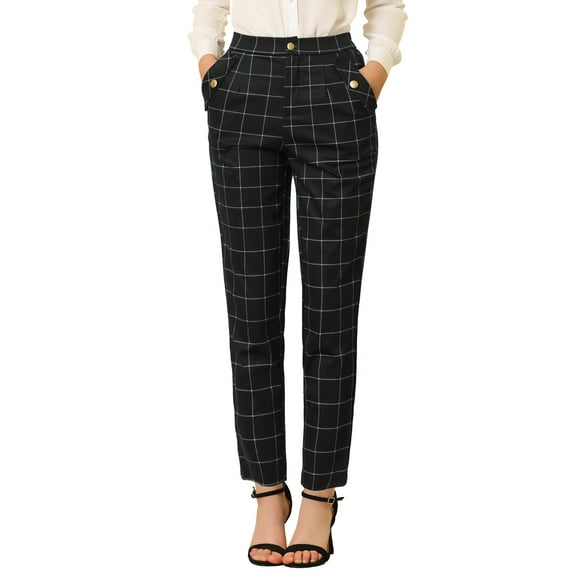 MODA NOVA Juniors Tartan Plaid Pants Elastic High Waist Straight Long Trousers
