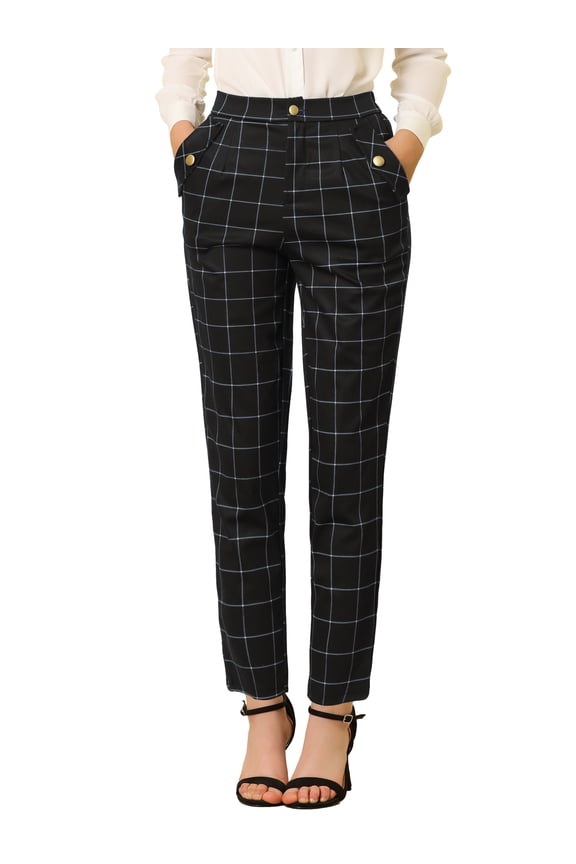 Juniors Tartan Plaid Pants Elastic High Waist Straight Long Trousers