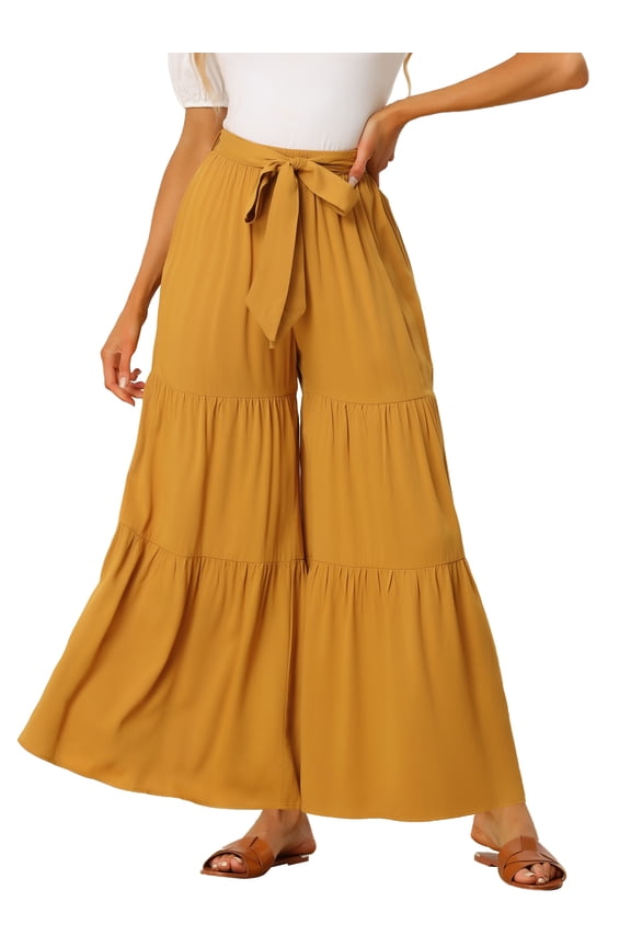 Juniors Tie Belt Front Boho Elastic High Ruffle Hem Wide Leg Palazzo Pants