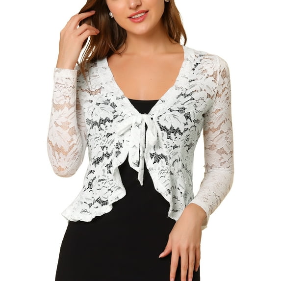 MODA NOVA Juniors Tie Front Ruffled Hem Floral Lace Sheer Shrug Cropped Cardigan