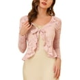 thumbnail image 1 of MODA NOVA Juniors Tie Front Ruffled Hem Floral Lace Sheer Shrug Cropped Cardigan, 1 of 6