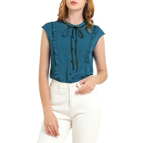 MODA NOVA Juniors Tie Neck Cap Sleeve Button Down Ruffle Summer Shirts