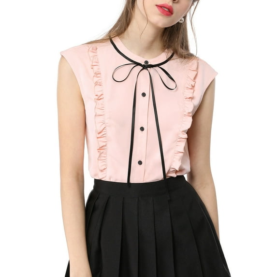 MODA NOVA Juniors Tie Neck Cap Sleeve Button Down Ruffle Summer Shirts