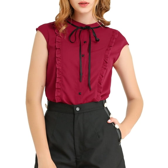 MODA NOVA Juniors Tie Neck Cap Sleeve Button Down Ruffle Summer Shirts