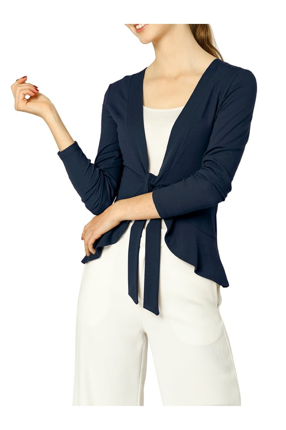 Juniors Tie Open Front Long Sleeve Knit Metallic Ruffled Crop Cardigan