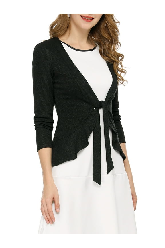 Juniors Tie Open Front Long Sleeve Knit Metallic Ruffled Crop Cardigan