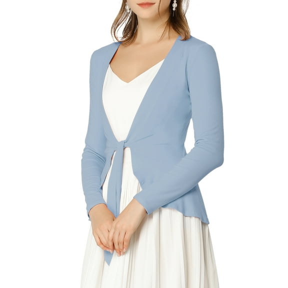 MODA NOVA Juniors Tie Open Front Long Sleeve Knit Metallic Ruffled Crop Cardigan