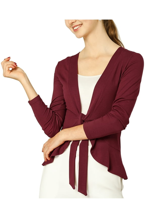 Juniors Tie Open Front Long Sleeve Knit Metallic Ruffled Crop Cardigan