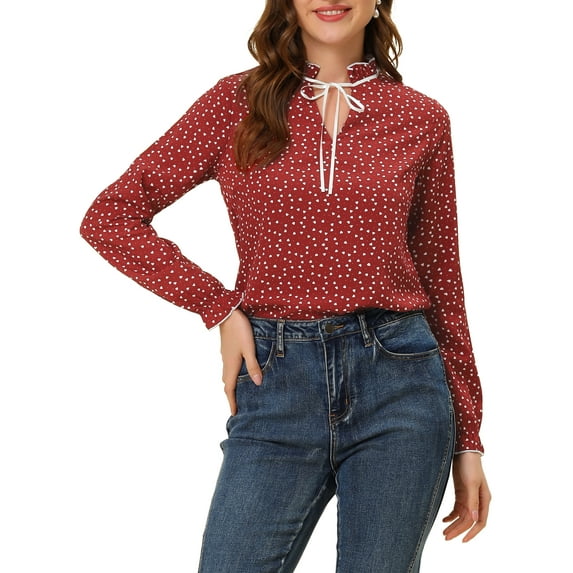 MODA NOVA Juniors Tie Ruffled Neck Blouse Long Sleeves Tops Wine Red-Hearts L
