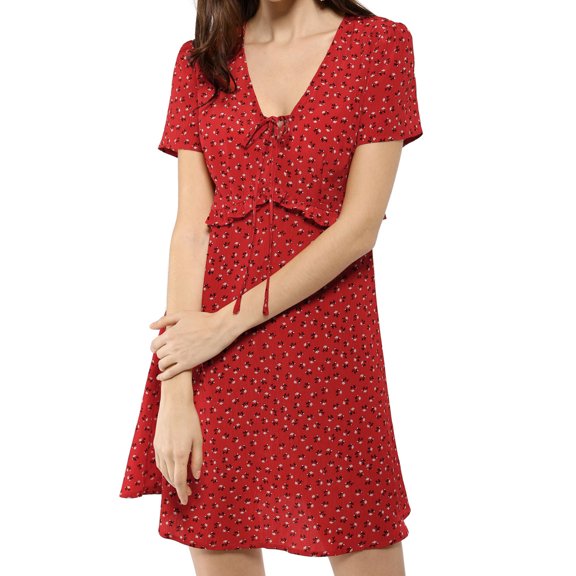 MODA NOVA Juniors Tie V Neck Short Sleeve Ruffle Floral a-Line Dress