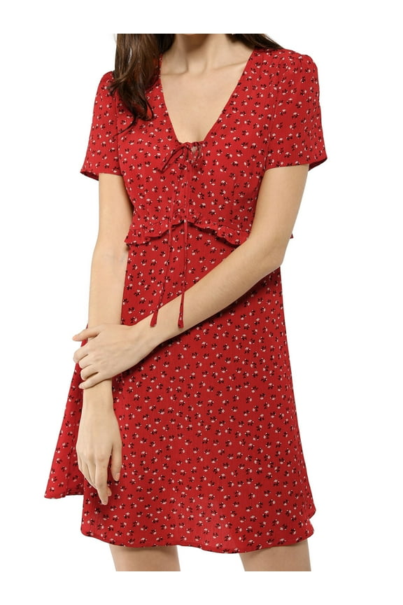 Juniors Tie V Neck Short Sleeve Ruffle Floral a-Line Dress
