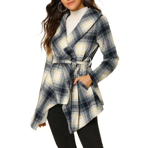 MODA NOVA Juniors Turn Down Collar Asymmetric Hem Plaids Thin Wrap Coat