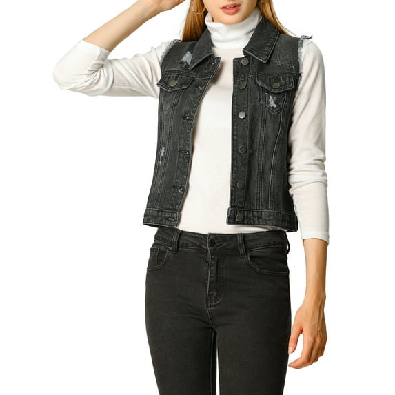 MODA NOVA Juniors Turn Down Collar Button Denim Washed Vest