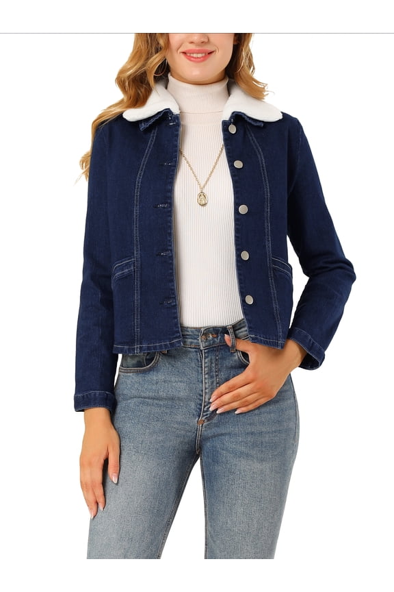 Juniors Turn Down Collar Long Sleeve Button Down Short Denim Jacket Dark Blue S