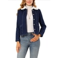 thumbnail image 1 of MODA NOVA Juniors Turn Down Collar Long Sleeve Button Down Short Denim Jacket Dark Blue XS, 1 of 6