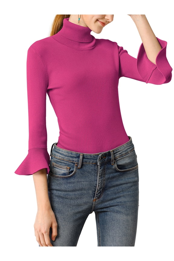 Juniors Turtle Neck 3/4 Ruffle Sleeves Pullover Slim Rib Knit Sweater