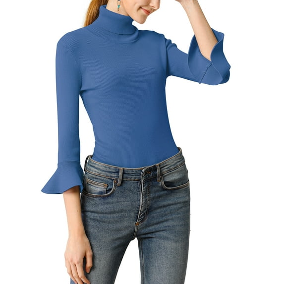 MODA NOVA Juniors Turtle Neck 3/4 Ruffle Sleeves Pullover Slim Rib Knit Sweater