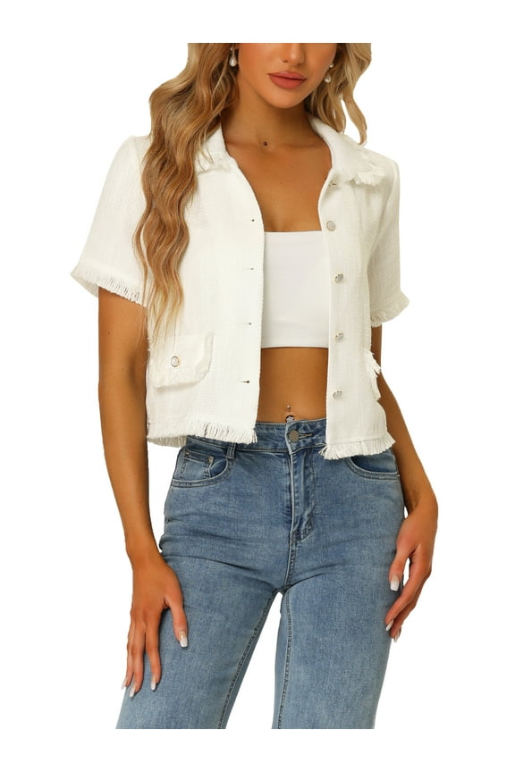 Juniors Tweed Shirt with Tassel Cropped Length Spring Short Sleeve Shirt