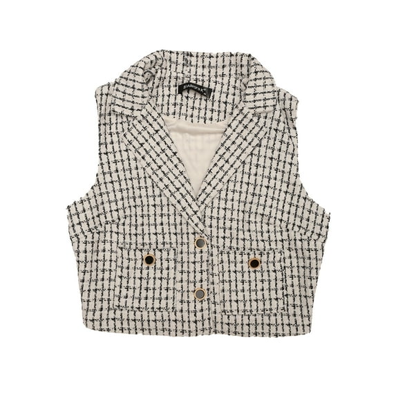 MODA NOVA Juniors Tweed Vest Notched Lapel Collar Sleeveless Vintage Plaid Crop Waistcoat White XS