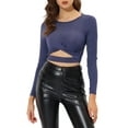thumbnail image 1 of MODA NOVA Juniors Twist Long Sleeve Cut Out Front Glitter Cross Crop Tops Dark Purple M, 1 of 7